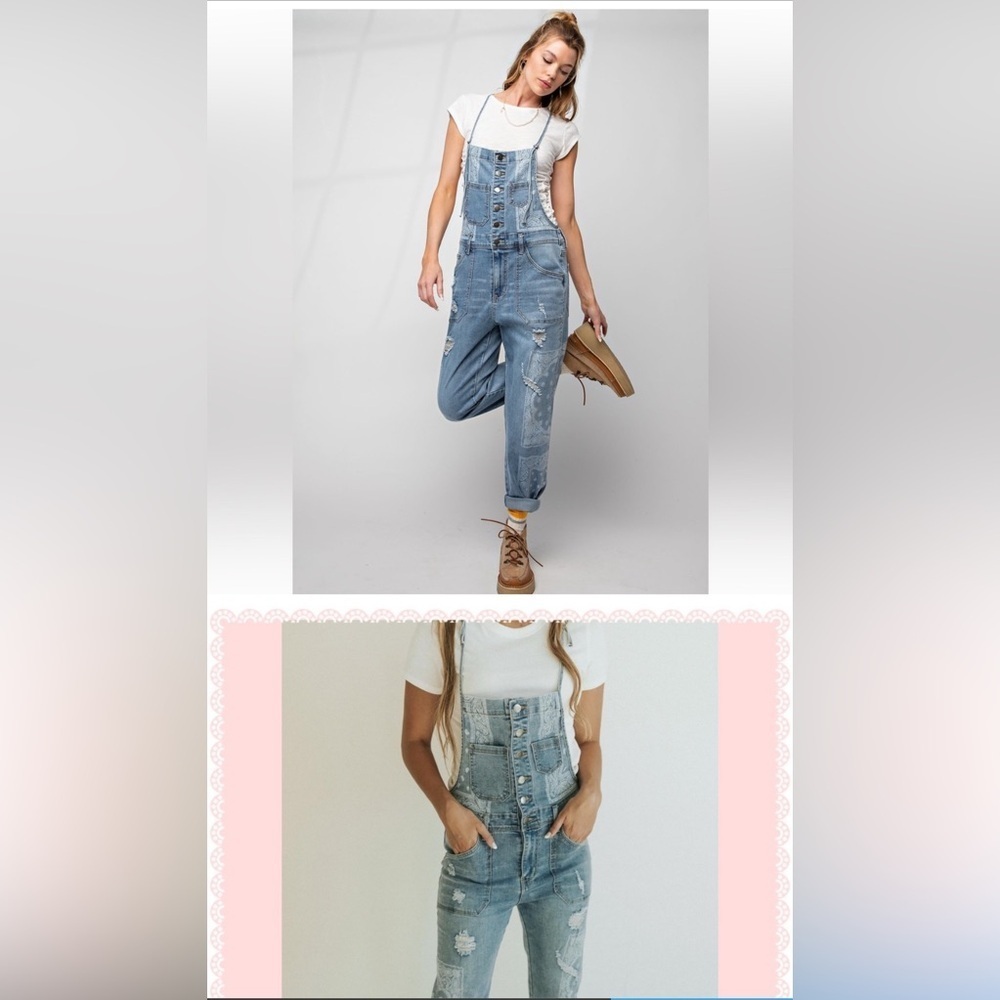 Easel Los Angeles Distressed Bandana Denim Overalls Small - Picture 2 of 12
